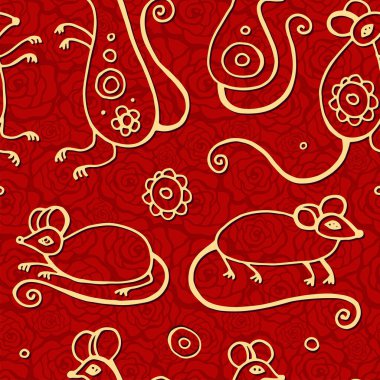 Kırmızı suluboya fare hayvanlarıyla, altın Asya kültürü ikonlarıyla ve elle çizilmiş karalamalarla Çin 'in kusursuz yeni yılı. Geleneksel ay festivali tatil geçmişi.