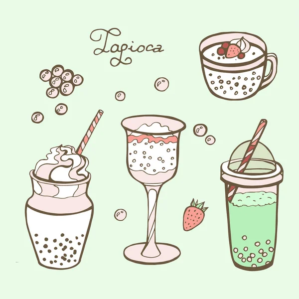 Bubble milk tea funny. Hand drawn kawaii smiled drinks. Cute cartoon vector illustration — Stock Vector