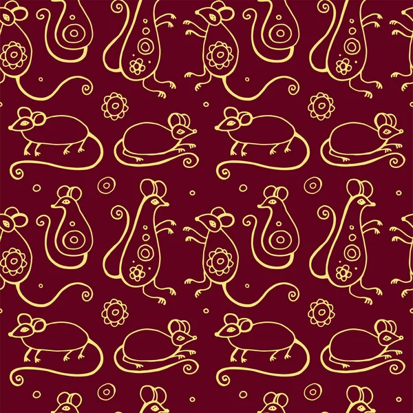Kinesiska nyår råtta sömlöst mönster med röda akvarell musdjur, guld asiatiska kultur ikoner och handritade klotter. Traditionell månfestival semester bakgrund. — Stock vektor