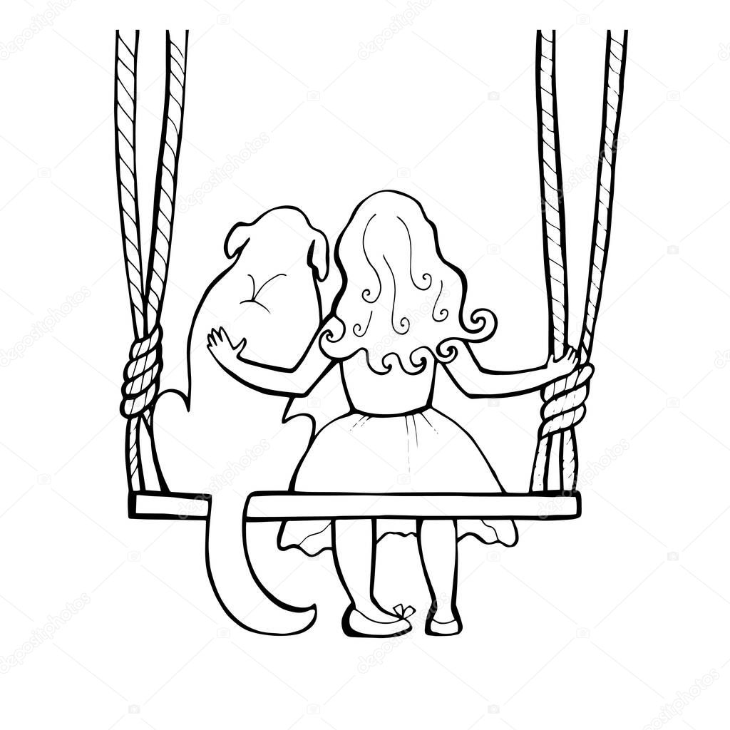 Little girl playing with her dog. Friends swing on the swing. Coloring book page