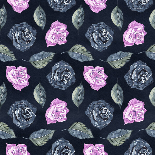 Ручной рисунок роз, имитируя фольклорные вышивки, на темно-синем фоне Цветочные бесшовные узоры
