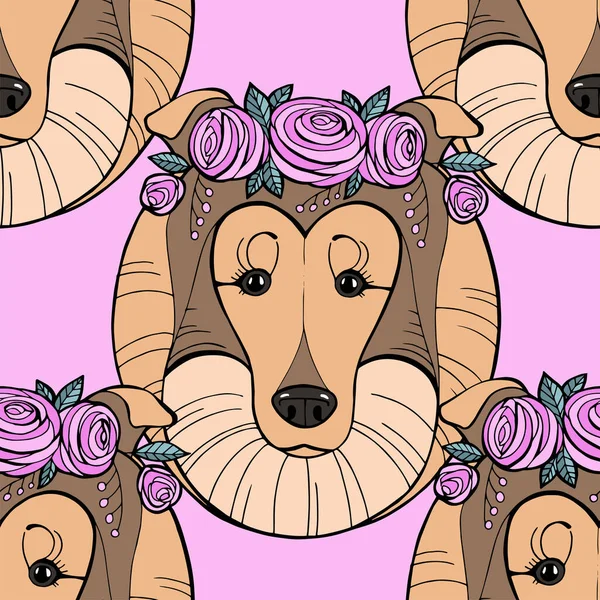 Kolie pes s květinovým věncem bezešvé vzor. Vektorová ilustrace. — Stockový vektor