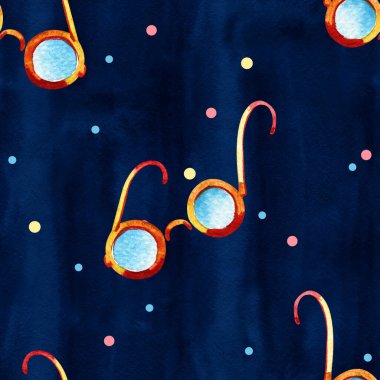 Suluboya vintage gözlük, dikişsiz desen el boyalı suluboya illüstrasyon