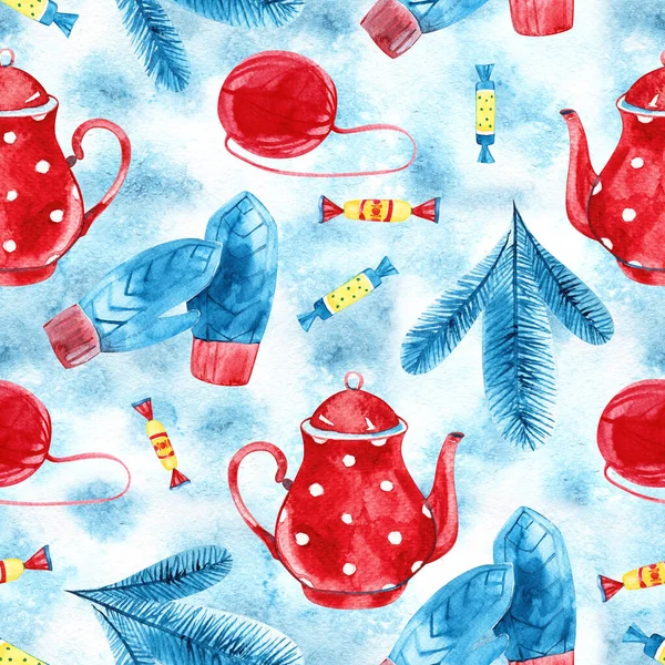 High quality watercolor hand drawn seamless pattern with teapots isolated. Good for fabric, wrapping paper, prints etc — Stock Photo, Image