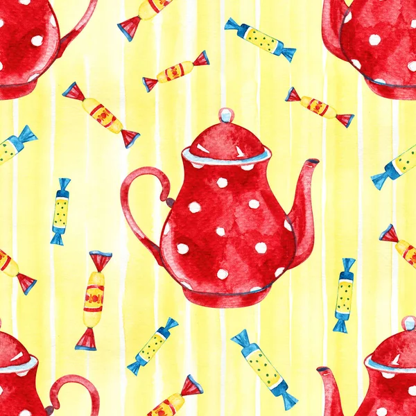 High quality watercolor hand drawn seamless pattern with teapots isolated. Good for fabric, wrapping paper, prints etc — Stock Photo, Image