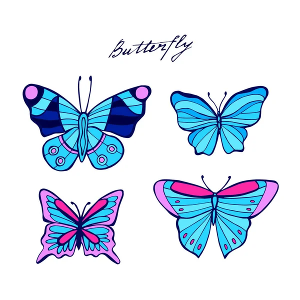 Neón mariposas tropicales conjunto vector. Ilustración de nalgas dibujadas a mano . — Vector de stock