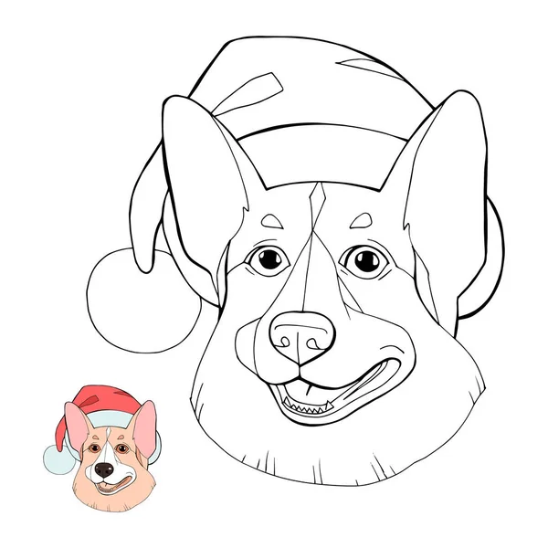 O cão Corgi no chapéu de Pai Natal de inverno. Ilustração para colorir livro — Vetor de Stock