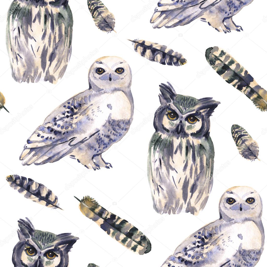 Wild watercolor hand painting pattern with animals. Repeating background. Owls.