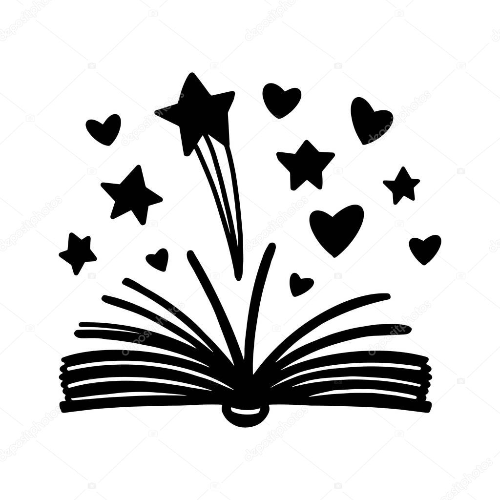 Fairy tale cute book. Open book with stars and hearts. Vector illustration isolzted on white background.