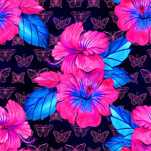 Estampado sin costuras de moda tropical con flores y hojas exóticas. Hojas de palma de la selva y hibisco . — Foto de Stock