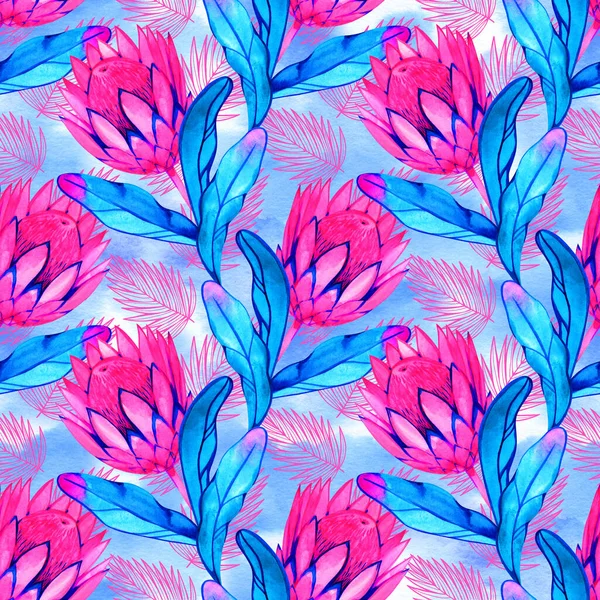 Χειροποίητο υδατογράφημα απρόσκοπτη τροπικό μοτίβο με ροζ λουλούδια protea. Πολύχρωμο εξωτικό καλοκαιρινό print με floral στοιχεία για τις ταπετσαρίες και τα υφάσματα — Φωτογραφία Αρχείου