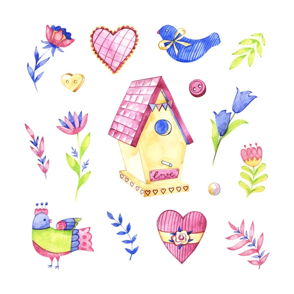Watercolor mão desenhada illustration.Wooden Birdhouse Primavera conjunto — Fotografia de Stock