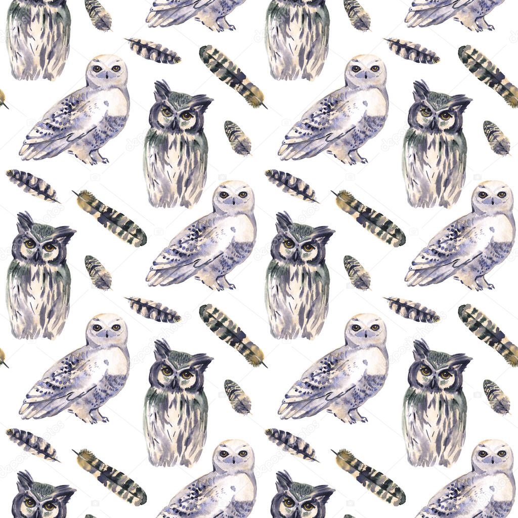 Wild watercolor hand painting pattern with animals. Repeating background. Owls.