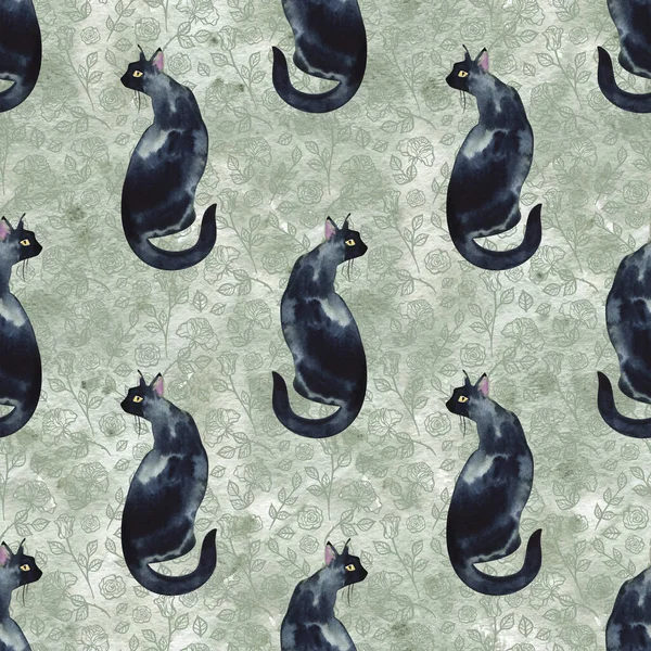 손으로 물감을 그려 물감을 물감으로 그린 귀여운 검은 고양이 녹색 배경 무늬 — 스톡 사진