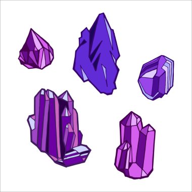 Mor parlak, kesilmemiş keskin kristaller beyaz arkaplanda karikatür düz vektör çizimi.