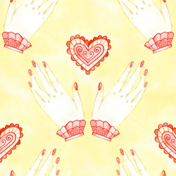 Seamless pattern love alchemy hand in watercolor style on white background. Hand drawn magic illustration. — Stock Photo, Image