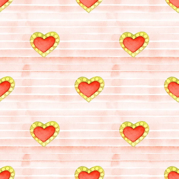 Red romantic seamless pattern with heart. Hand painted watercolor stock illustration. Perfect for birthday, valentine, wedding invitations cards. — Stock Photo, Image