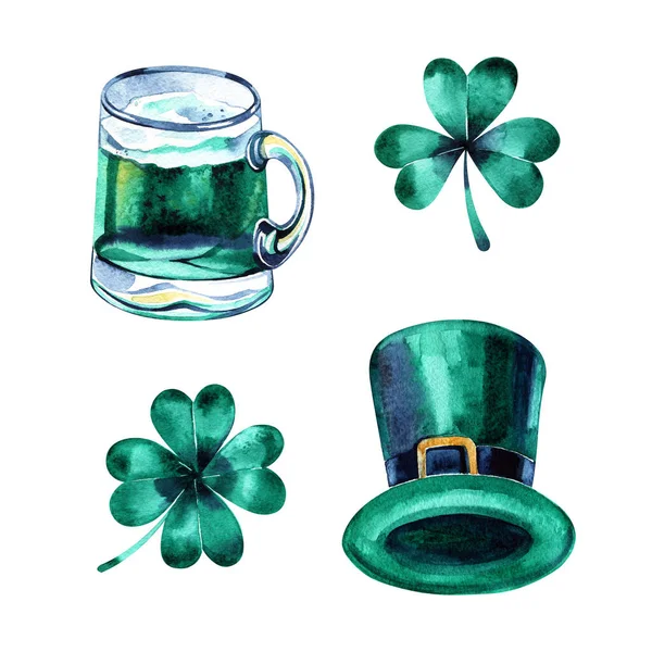 Set per San Patrizio giorno con cappello verde, birra, trifoglio acquerello disegno a mano illustrazione con sfondo bianco isolato. — Foto Stock