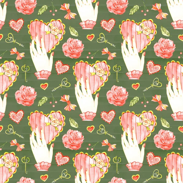 Seamless floral pattern with roses, watercolor illustration background. — Stock Photo, Image