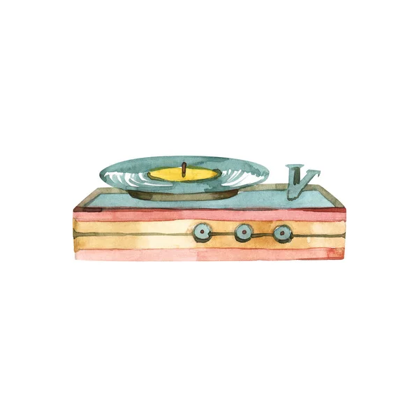 Watercolor vintage Record player isolated on white background. Retro musical instruments