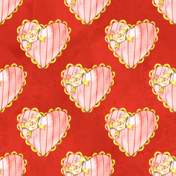 심장을 가진 빨간 로맨틱 한 물갈퀴없는 패턴. 수채화는 수채화이다. 생일 잘 맞고 발렌틴 결혼 초대장도 잘 맞고. — 스톡 사진