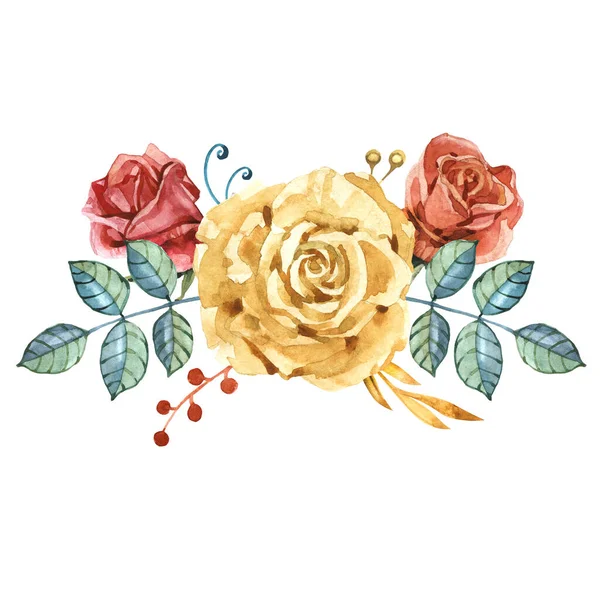 Рожеві золоті старовинні троянди квіти ізольовані на білому тлі. Акварельна ілюстрація — стокове фото