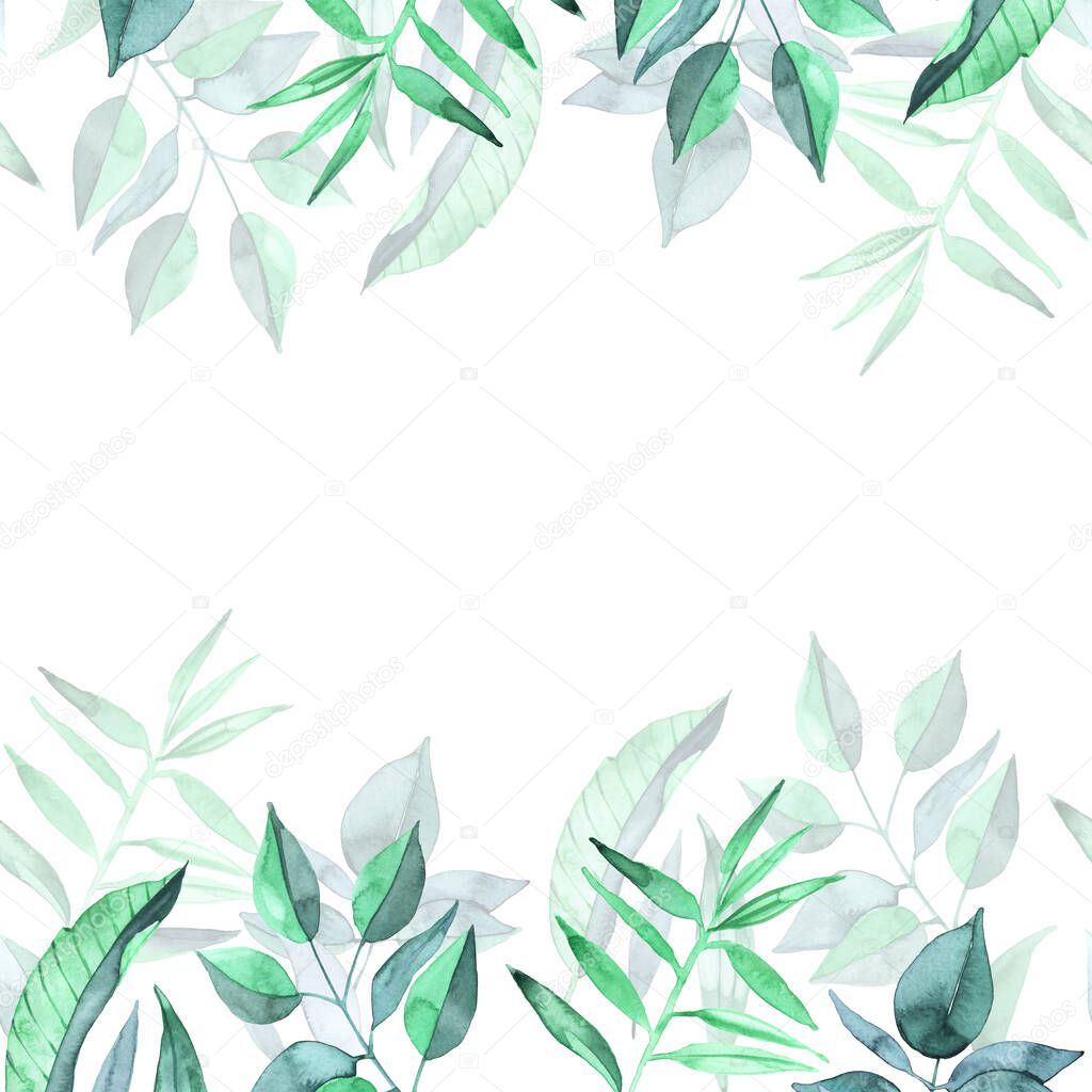 Watercolor floral frame. Hand painted plant card with greenery branches isolated on white background. Print for design or background
