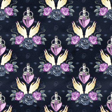 Beyaz arka planda suluboya şeklinde kusursuz desenli simya eli. El çizimi sihirli illüstrasyon.