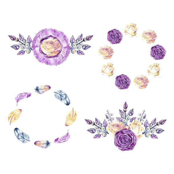 Handtekening geïsoleerde aquarel bloemen illustratie met rozen, veren en kristallen. Boheemse kristallen frame. Elementen voor de begroeting trouwkaart. — Stockfoto
