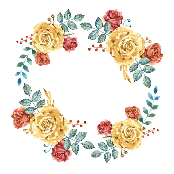 Květinová pozvánka na svatbu s růžemi a listy v akvarelovém stylu. Botanická šablona se zlatými květy pro pozvání, pozdrav a obaly, obrna. — Stock fotografie
