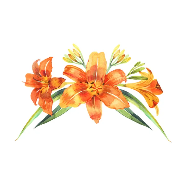 Watercolor drawing of a bouquet of lilies, on white background