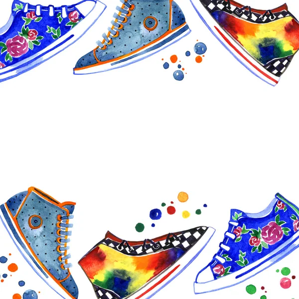 Acuarela arco iris zapatos marco sobre fondo blanco —  Fotos de Stock