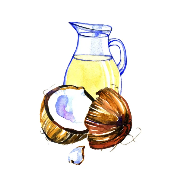 흰 바탕에 코코넛 밀크를 분리 해 놓는다. 수채화 손 그림. — 스톡 사진