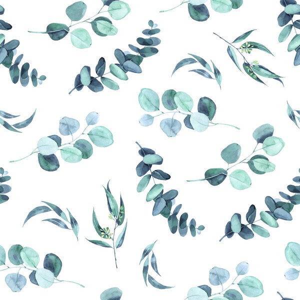 Seamless herbal pattern with leaves. Watercolor illustration