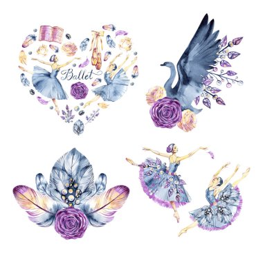 Bir grup şirin bale öğesi, bale sloganına bayılırım. El çizimi suluboya eskiz. Beyaz arkaplanda pembe Vintage kız suluboya çizimi