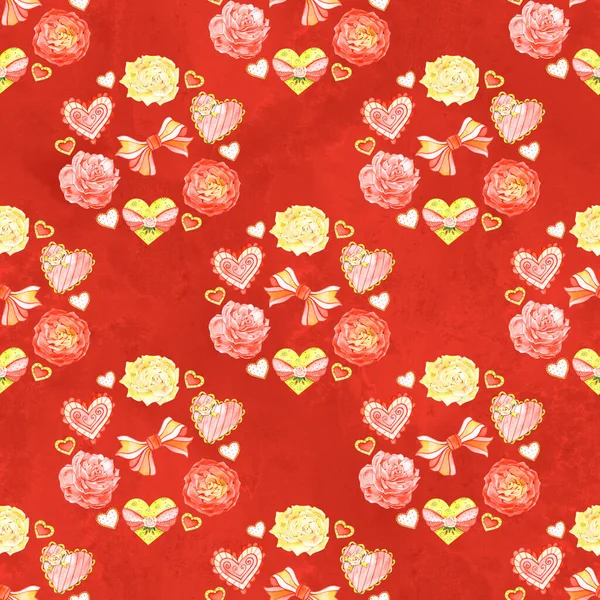Piros romantikus, zökkenőmentes minta szívvel. Kézzel festett akvarell készlet illusztráció. Tökéletes szülinapi, Valentin napi, esküvői meghívók. — Stock Fotó