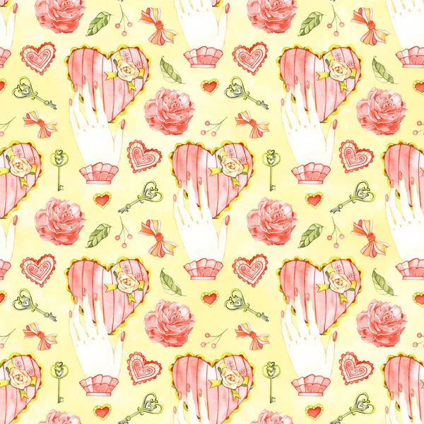 Rött romantiskt sömlöst mönster med hjärta. Handmålade akvarell stock illustration. Perfekt för födelsedag, alla hjärtans dag, bröllop inbjudningskort. — Stockfoto
