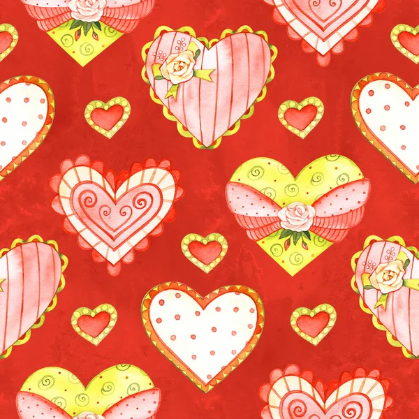 Rojo romántico patrón sin costuras con corazón. Ilustración de stock acuarela pintada a mano. Perfecto para tarjetas de cumpleaños, San Valentín, invitaciones de boda. — Foto de Stock