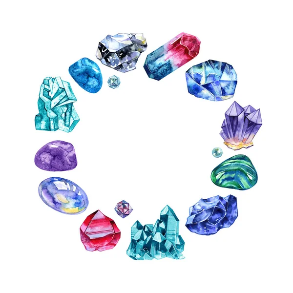 Piedras de gema de acuarela marco cuadrado. Diseño de tarjeta pintada a mano con cristales multicolores aislados sobre fondo blanco. — Foto de Stock