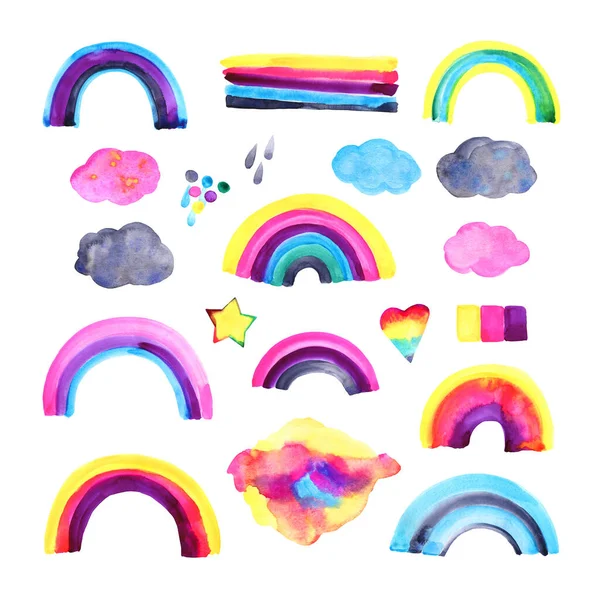 Акварель набор милых детей иллюстрации радуга с облаками и звездами — стоковое фото