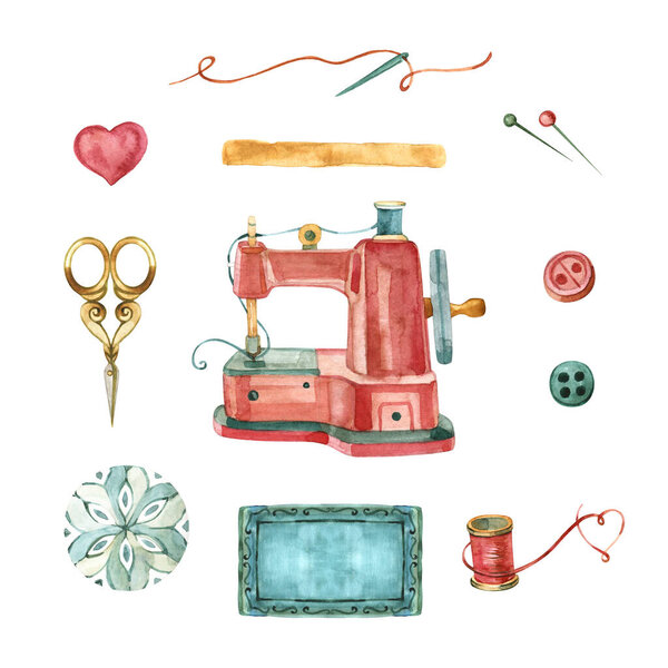 Акварельные иллюстрации швейных инструментов на белом фоне.