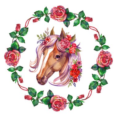 Beyaz At 'ın çiçekli çelengi, çiçek çerçevesi, çember, şakayık ve güllerle süslenmiş çelengi. Portre, kafa. Suluboya Çizimi