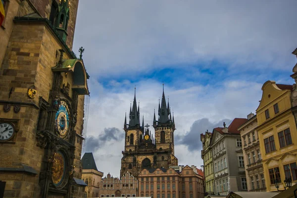Prague Old Town Square Clock Tower Left Church Our Lady — Stock Photo, Image