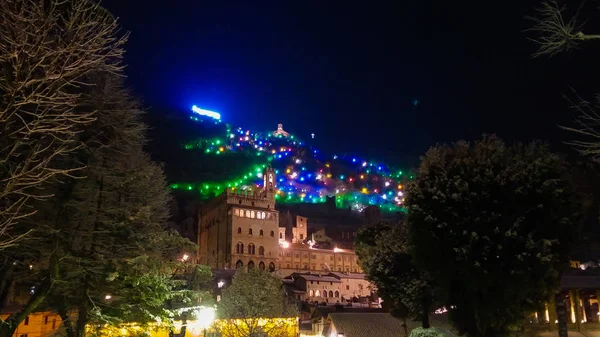 View of medieval Gubbio with famous christmas tree in Umbria