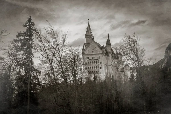 Mysterious View Neuschwanstein Castle Fog Bavarian Alps Germany — Stock Photo, Image