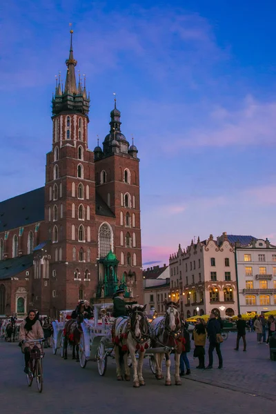 Krakow Polónia Março 2019 Cavalo Com Carruagem Frente Basílica Cracóvia — Fotografia de Stock