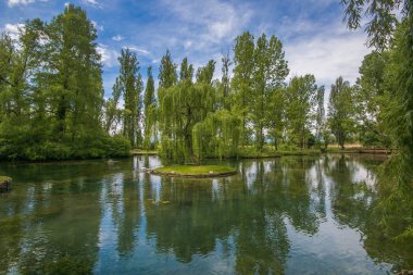 Fonti del Clitunno, Umbria ağlayan söğüt yansıması fotoğrafı