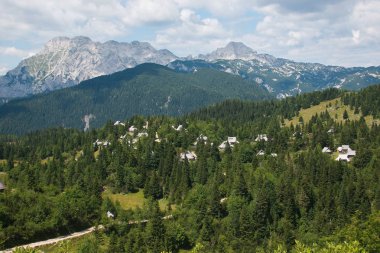 Slovenya'da uzak kırsal alp köyünün panoramik görünümü