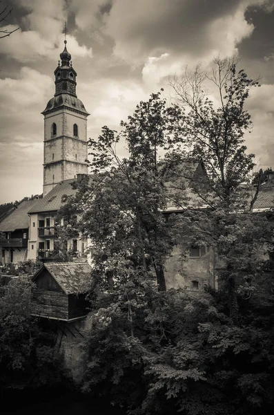 Slovenya Skofja Loka Nın Siyah Beyaz Görünümü — Stok fotoğraf