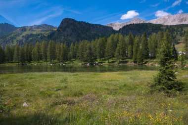 Trentino, İtalya 'da Moena yakınlarındaki San Pellegrino gölünün panoramik manzarası